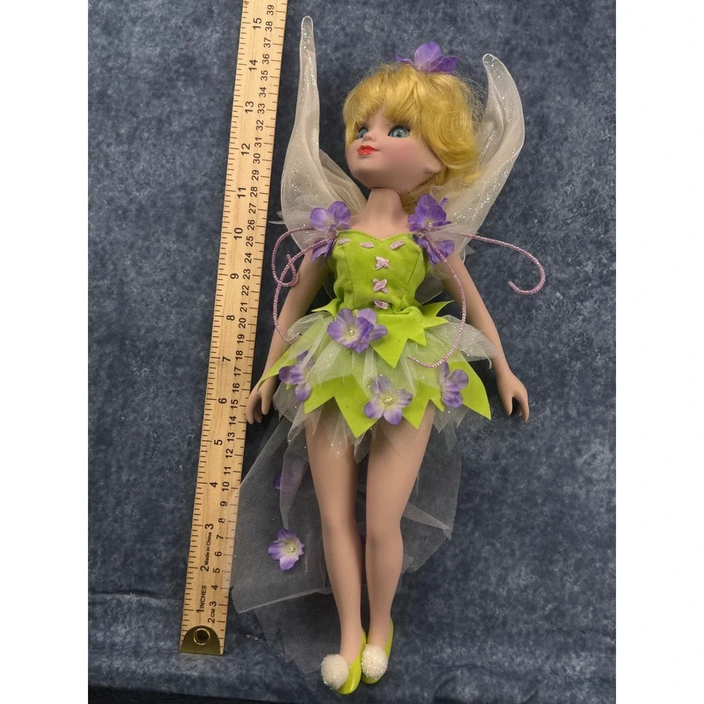 Tinker Bell Inspired Fairy Doll 14 Inch Green Floral Dress Shimmering Wings
